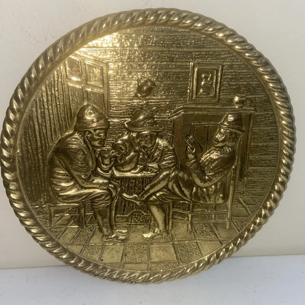 Brass Embossed 3D Tavern Scene Plates Wall Hangings 6.5